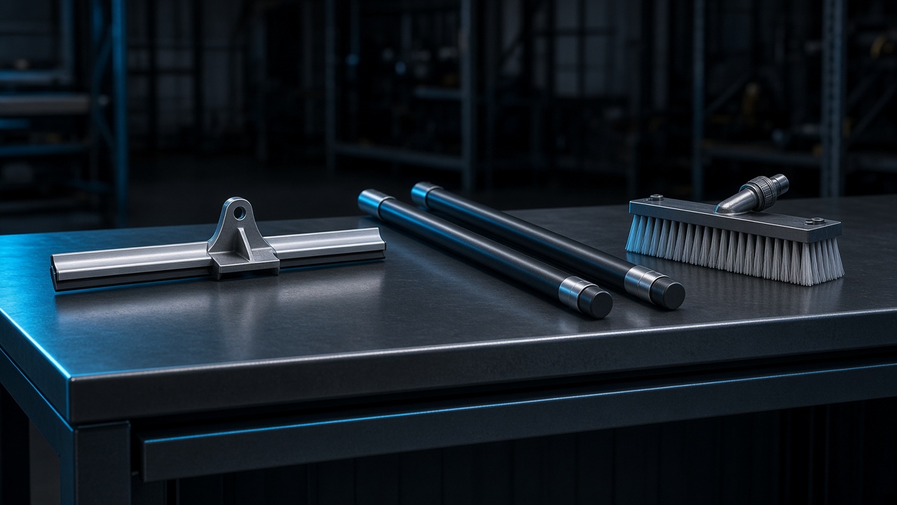 Steel bench with a squeegee channel, pole sections, and a water-fed brush head